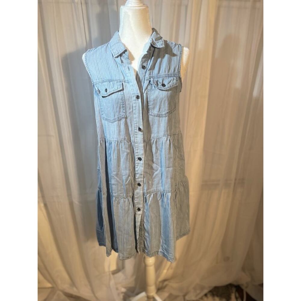 Velvet Heart Size Small Collette Sleeveless Boho Dress Blue/White Strip Chambray